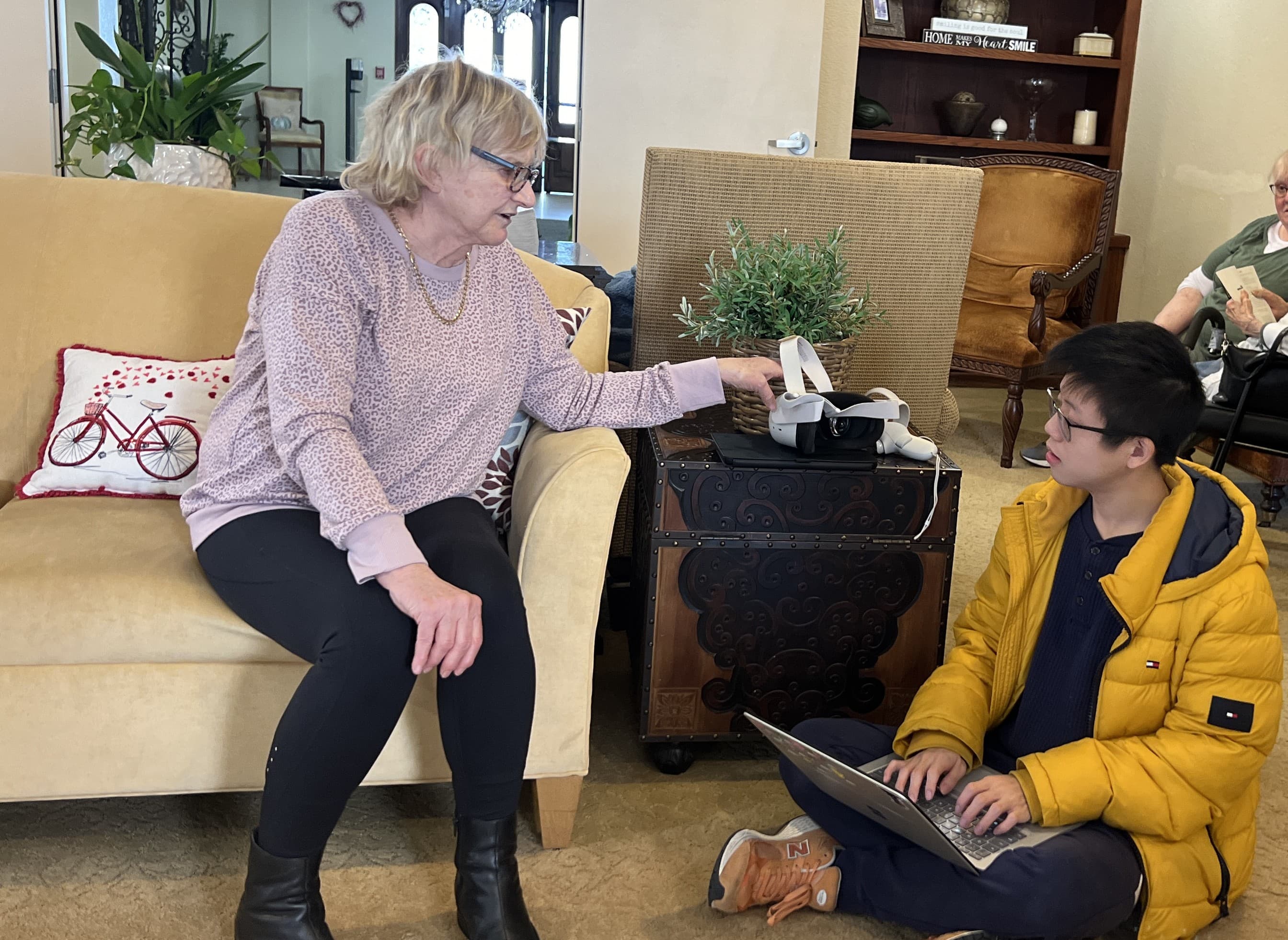 Lucas post-interviewing with a senior playtester at Chateau Cupertino